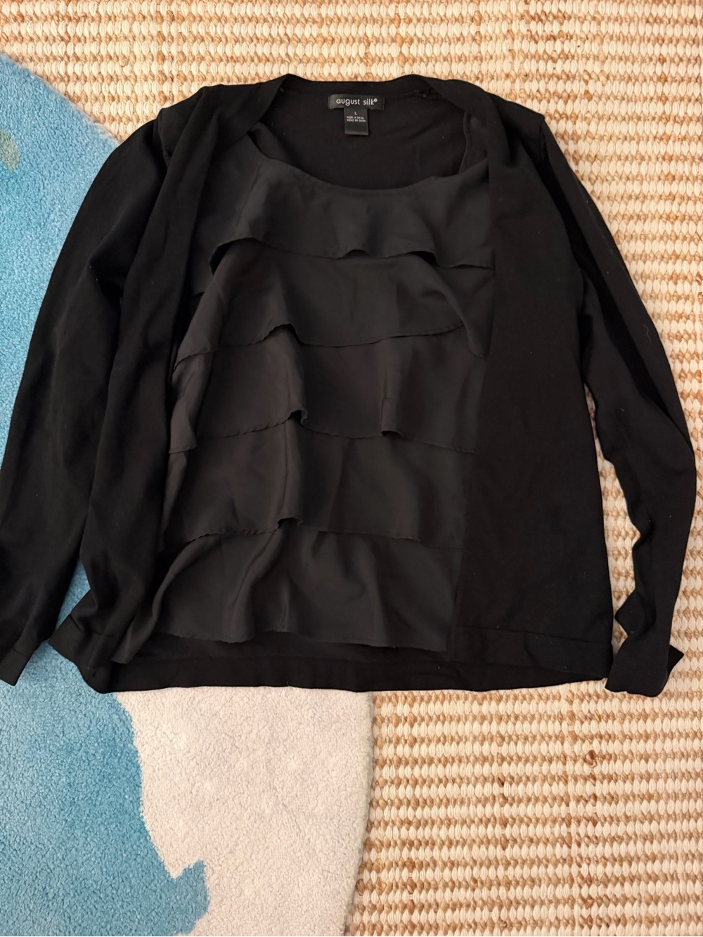 August Silk Women's Black Ruffle Front Long-Sleeve Top Large